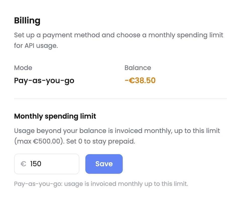 Organization billing settings, showing mode, balance, and spending limit
